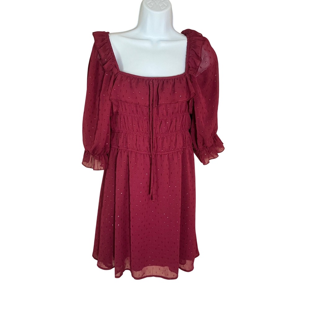 ROW-A MiniDress Womens Medium Burgundy Excellent Smocked Ruffle Clip Dot Shimmer